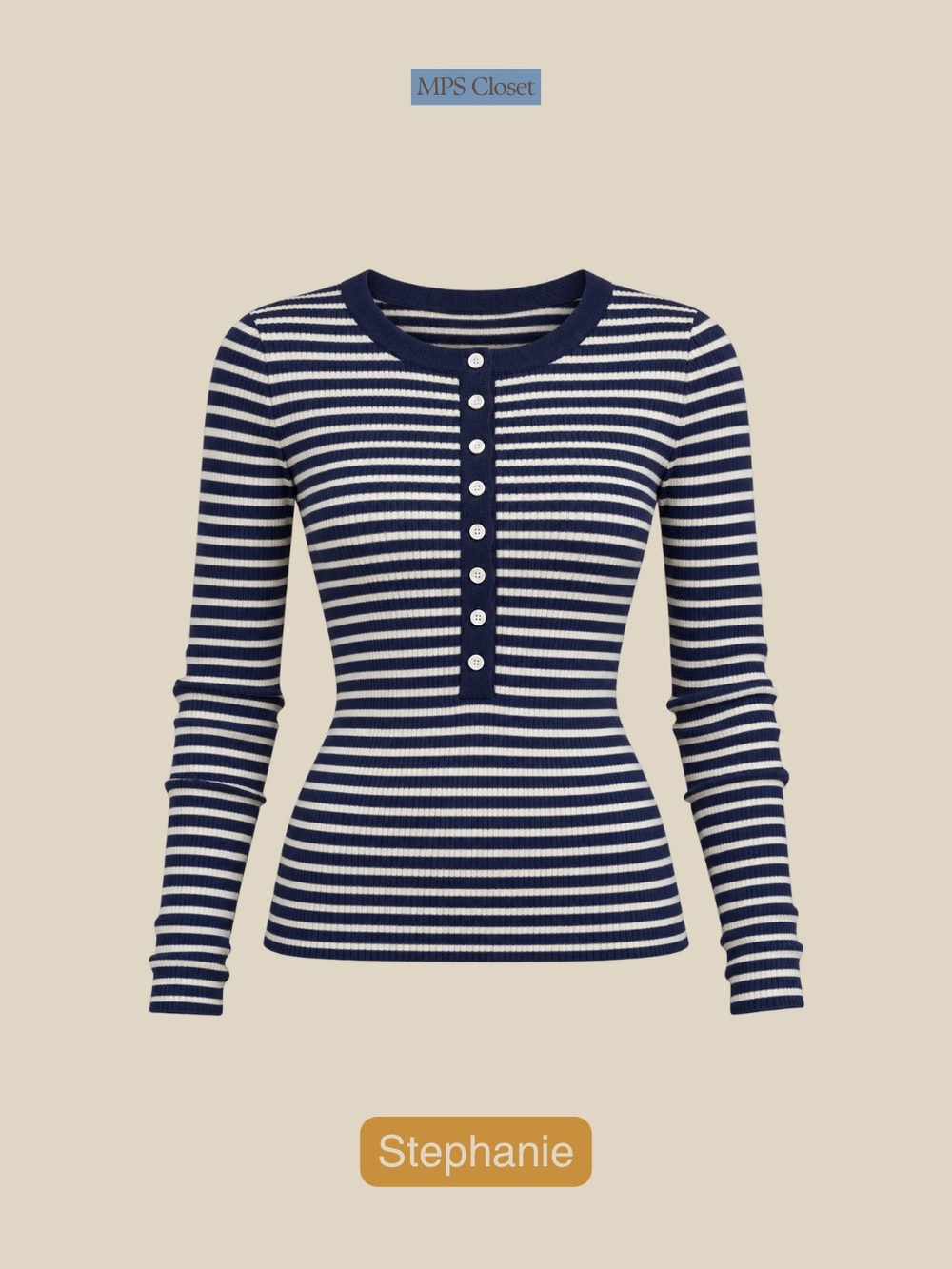 ME+EM Cashmere Navy and White Striped Long Sleeve Henley